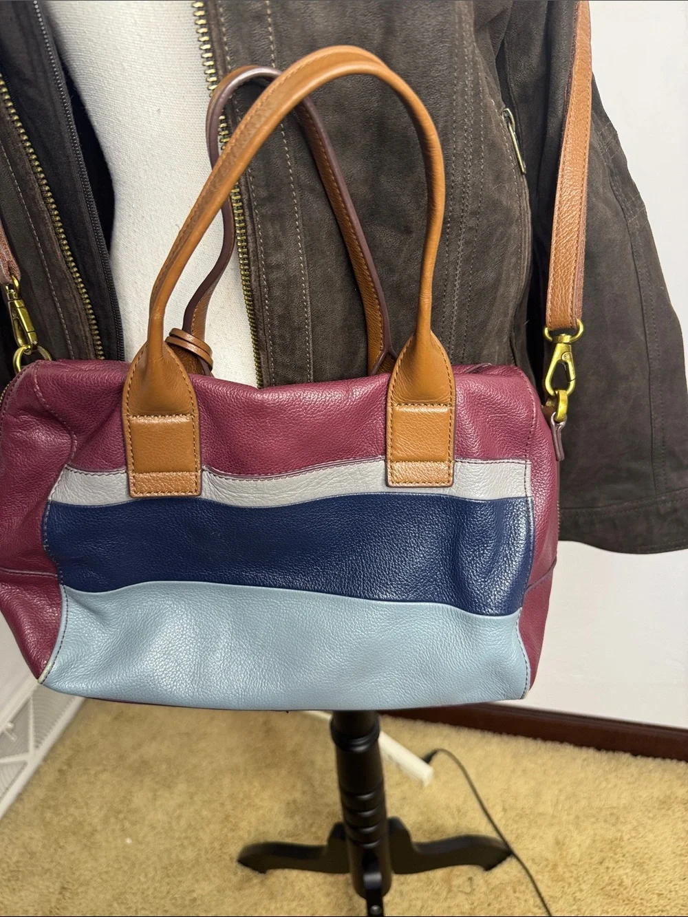 Fossil Leather Colorblock Satchel Bag in Burgundy, Navy & Gray